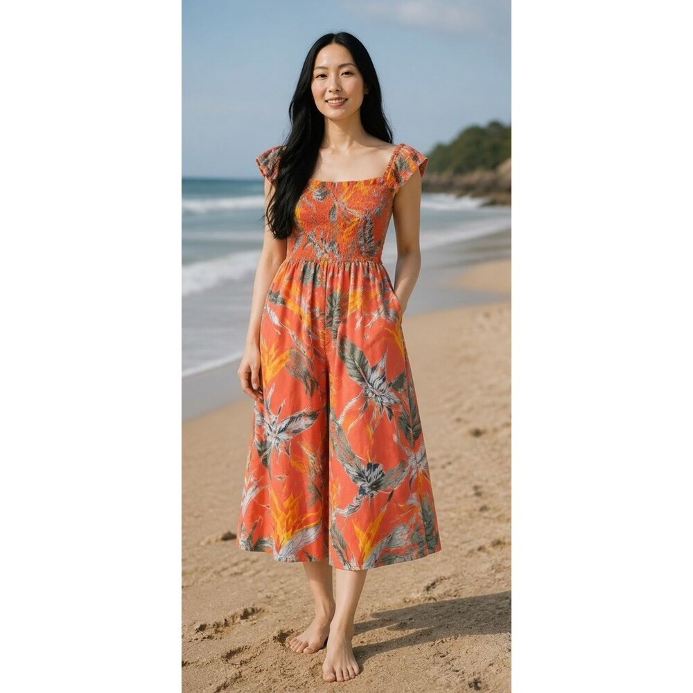 Patrons of Peace Smocked Wide Cropped Leg Jumpsuit Womens M Orange Cottagecore